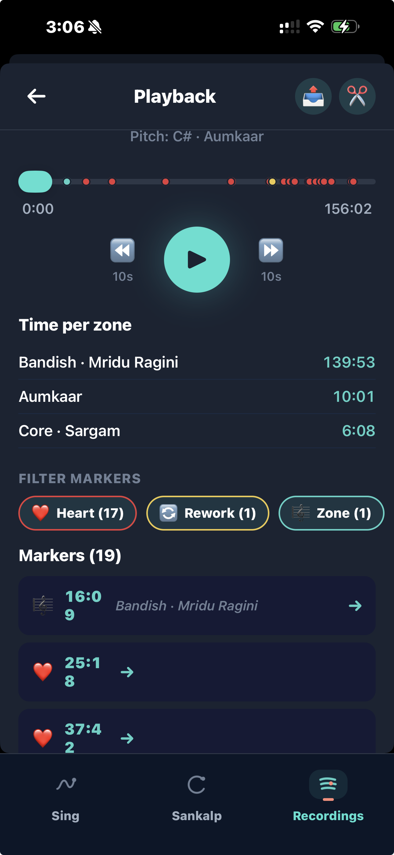 KalaPanion Playback screen with seek controls, time per zone, marker filters, and seekable marked moments.