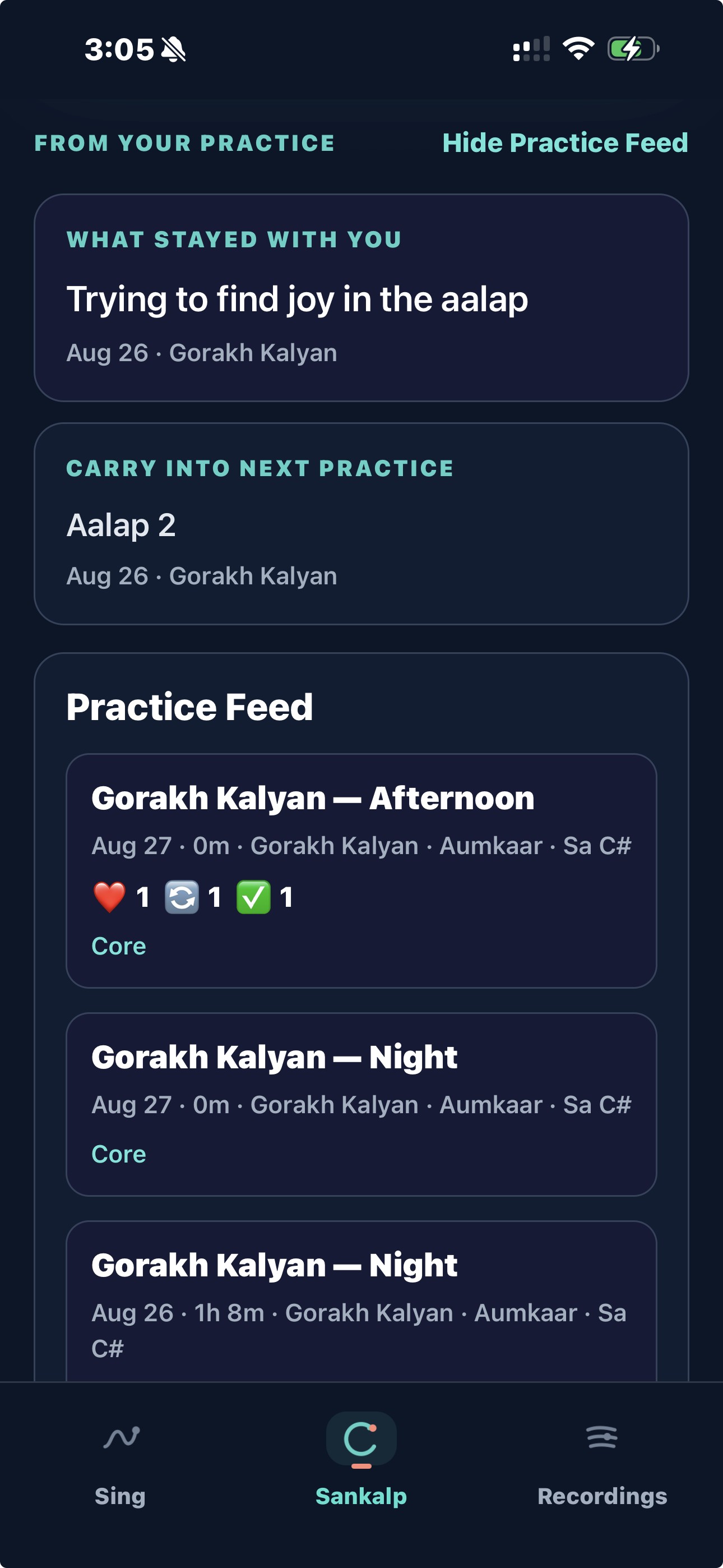 KalaPanion Practice Feed showing what stayed with the musician, what to carry into the next practice, and recent session cards.